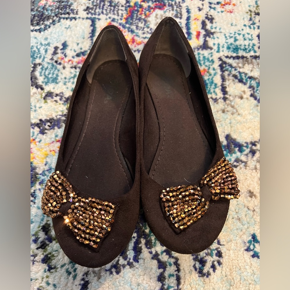 SODA Brown Flats with Beaded Bow Detail